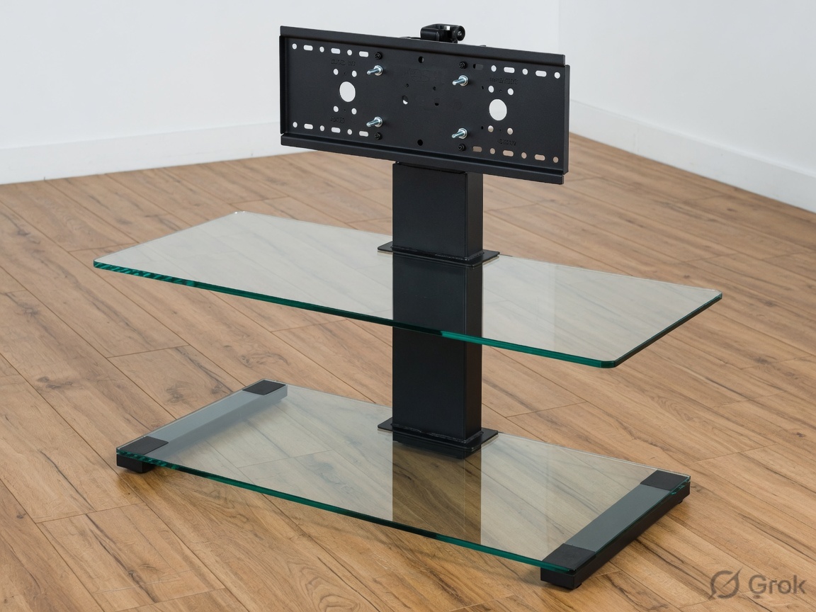 Tempered glass TV stand with a black metal column and empty VESA plate