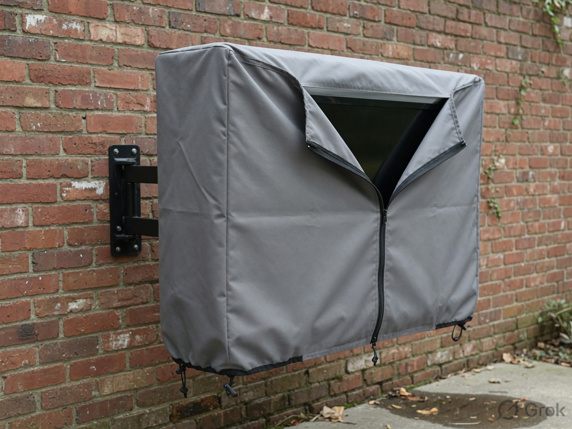 Gray zippered outdoor TV weather cover on a patio set
